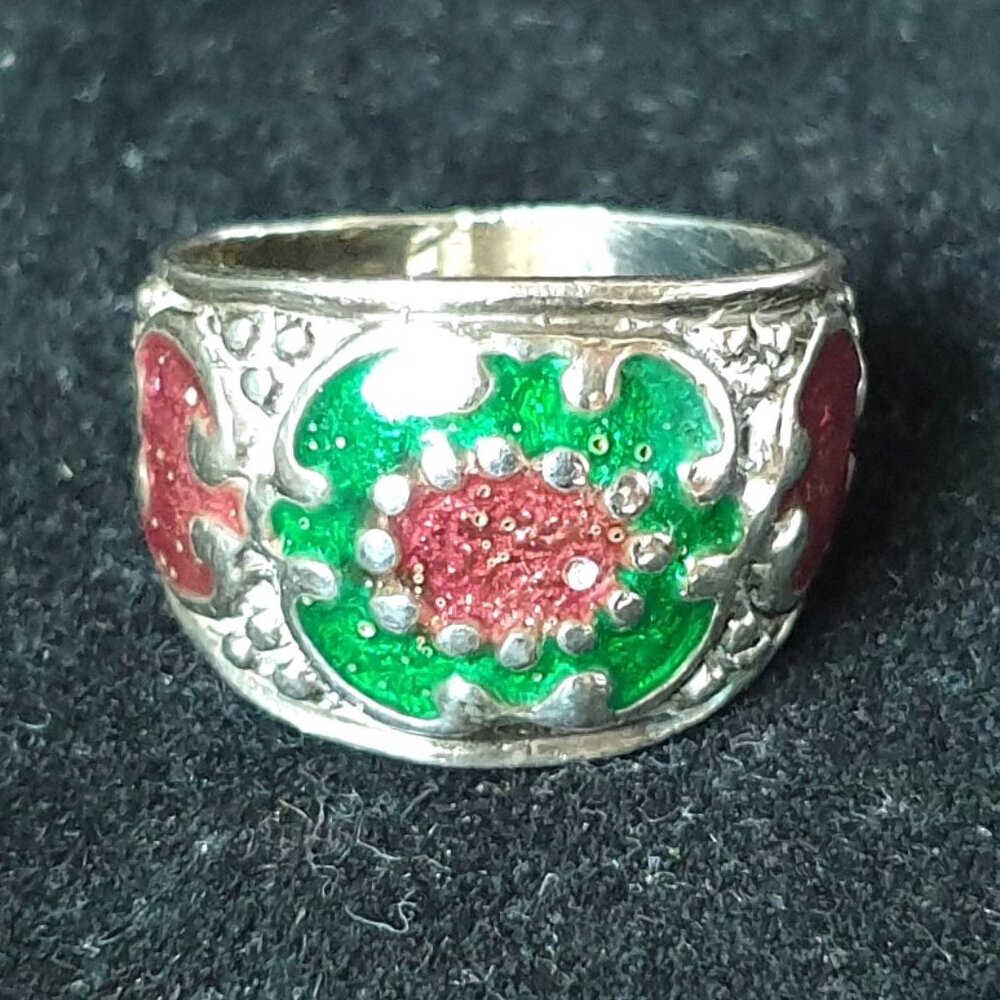 Vintage British Luxury Halcyon Days Enamels Red & Green Floral Sterling Ring